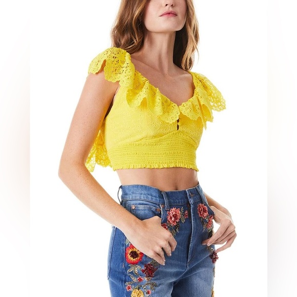Alice + Olivia Tops - Alice + Olivia Bleeker Ruffled Lace Crop Top
